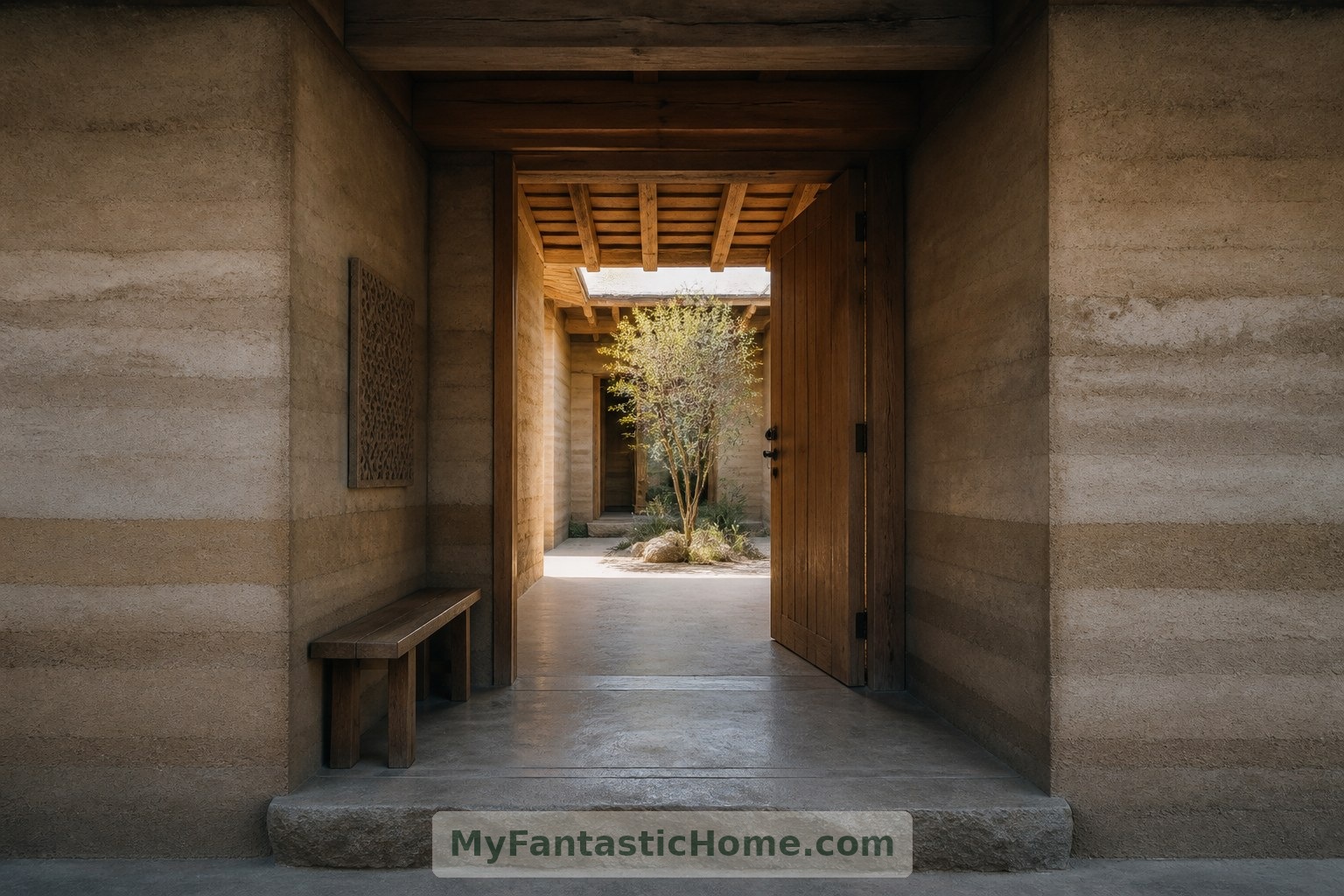 La entrada imaginada utiliza un umbral profundo y una vista al patio para crear una transición suave hacia el interior.