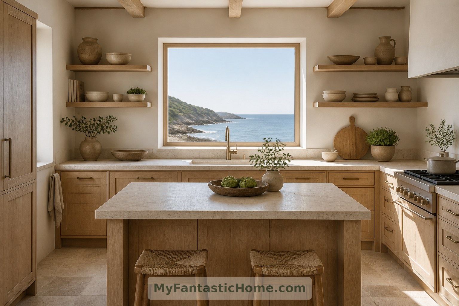 Des meubles en chêne et un îlot compact apportent une fonctionnalité quotidienne à cette cuisine fictive tournée vers la mer.
