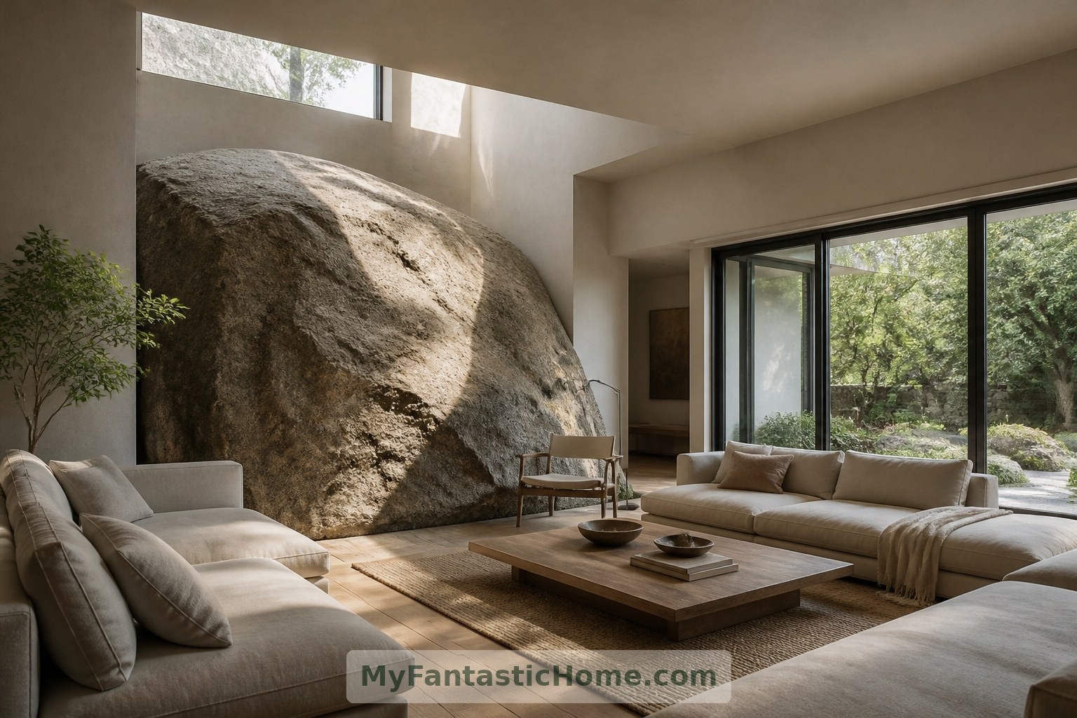 Salon imaginé : un mobilier moelleux et la lumière naturelle venant d’une fenêtre haute équilibrent la présence brute du rocher.