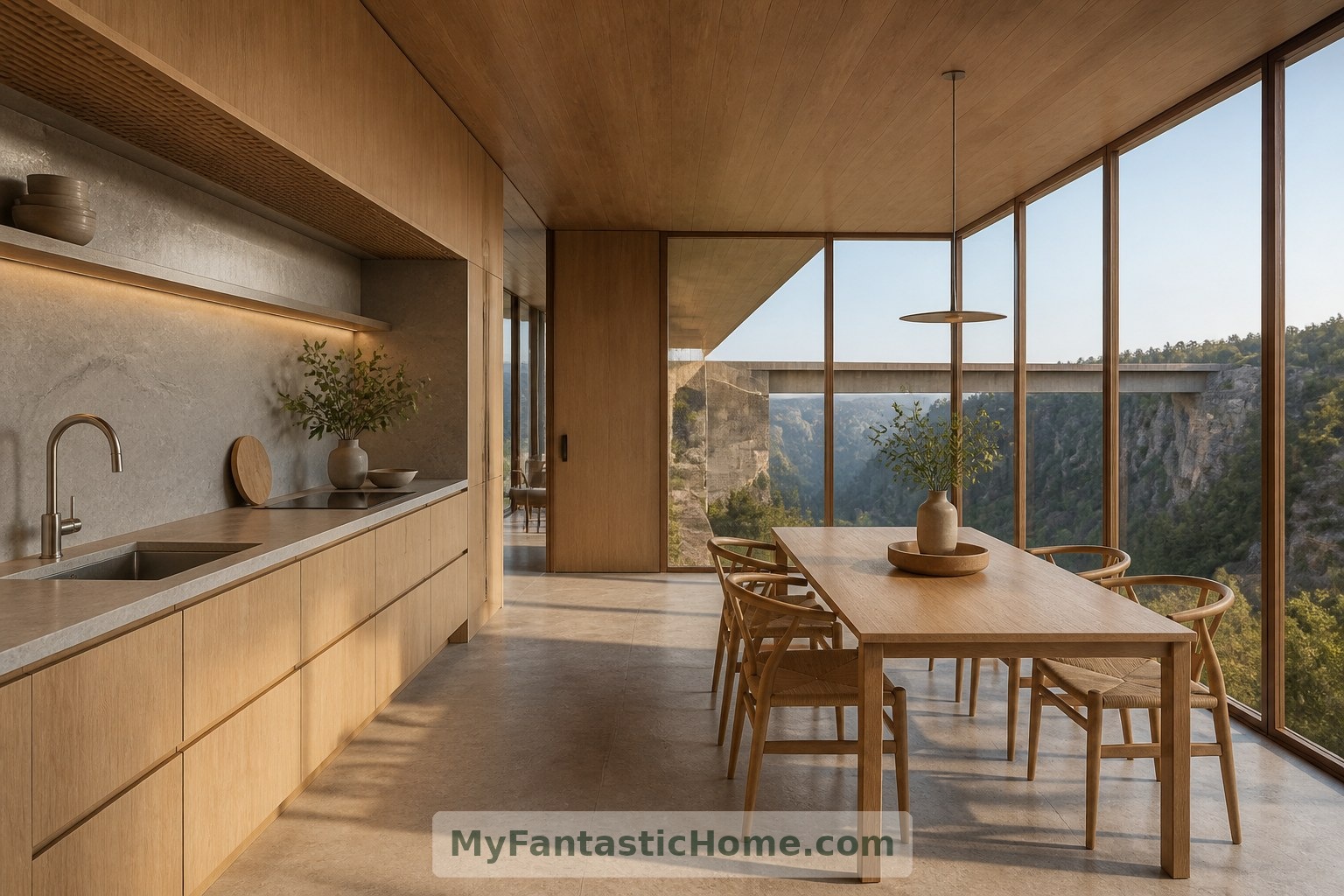 Les meubles bas de la cuisine préservent la vue, tandis qu’une table près de la fenêtre invite à prendre son temps au petit-déjeuner.