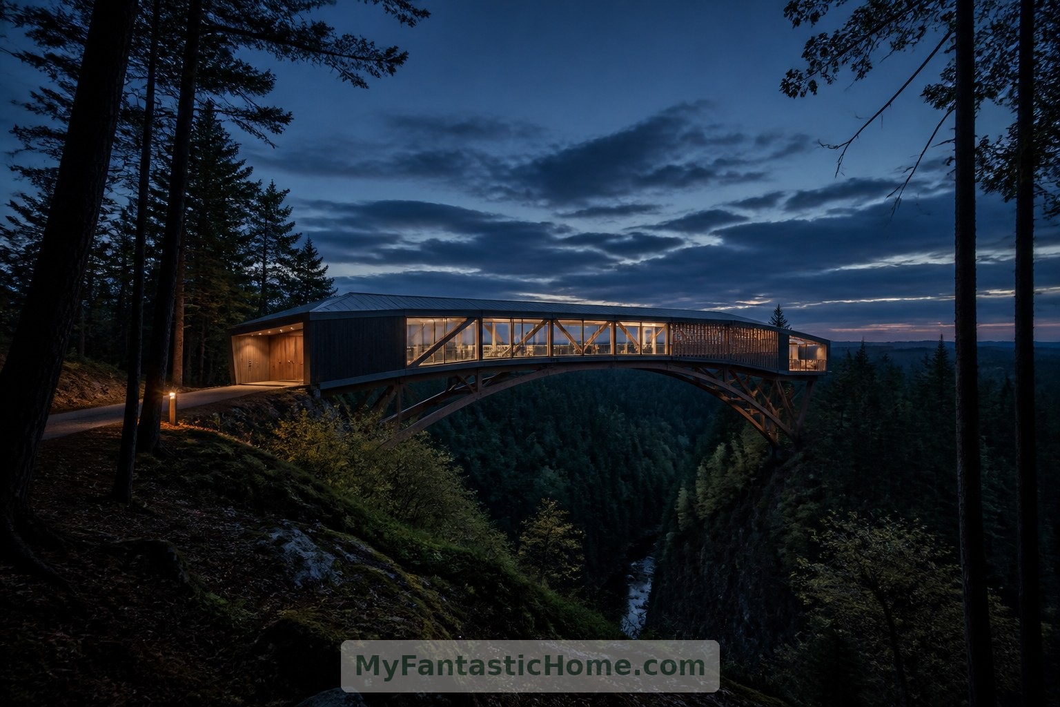 Un éclairage du soir discret permet à la maison-pont imaginée de conserver une présence paisible dans la vallée.