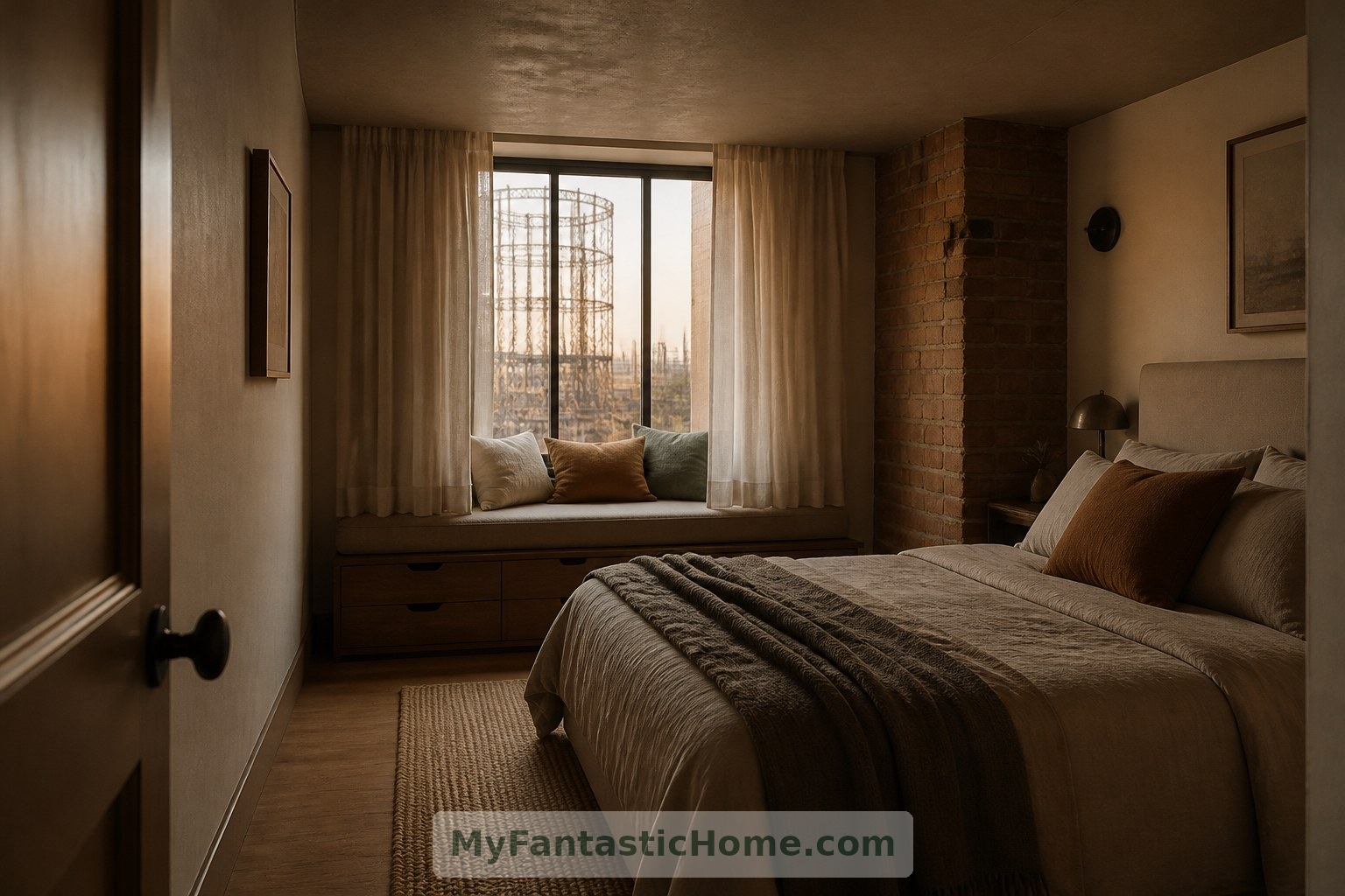 Un plafond plus bas et une généreuse banquette sous la fenêtre donnent à la chambre imaginée une échelle plus paisible et plus personnelle.
