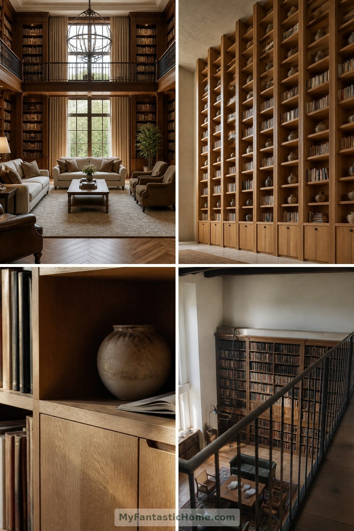 Bibliothèques domestiques en double hauteur avec galeries, échelles et coins lecture — couverture composée de quatre images