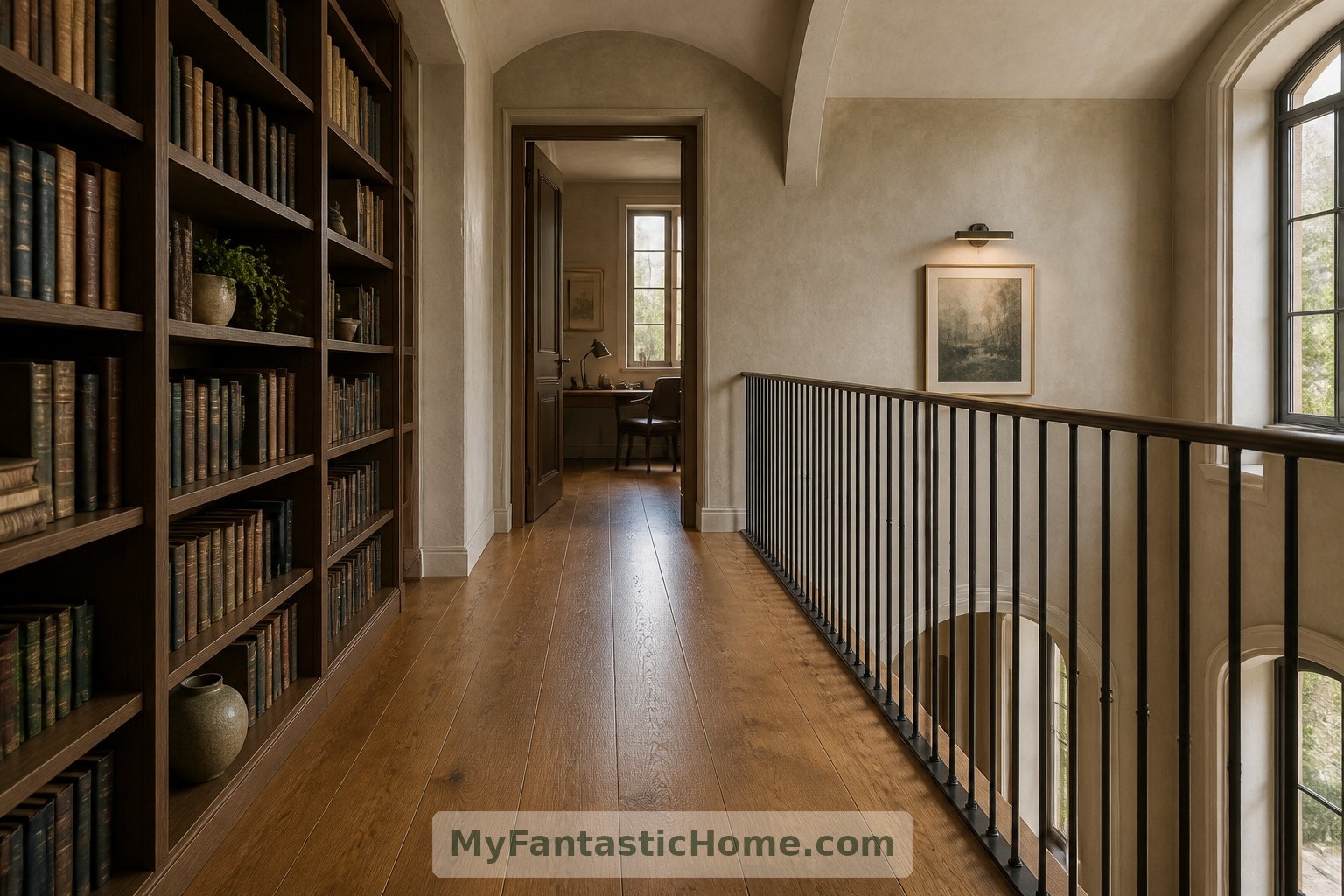 Ce concept de galerie fait du niveau supérieur un espace de circulation utile, avec des étagères le long de son mur intérieur.
