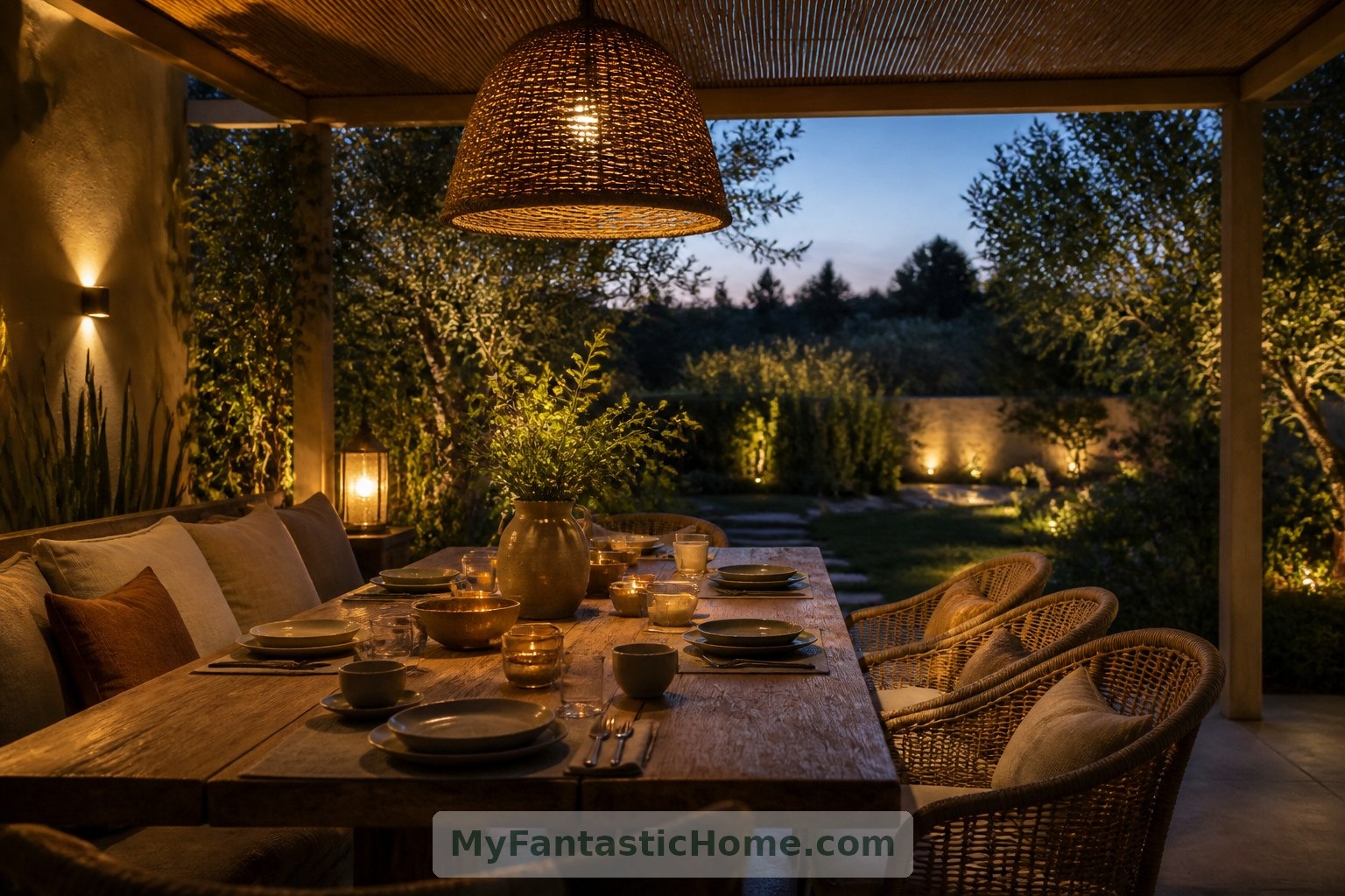 Un éclairage chaleureux à plusieurs niveaux fait de la table à manger le point de rassemblement naturel après le coucher du soleil.