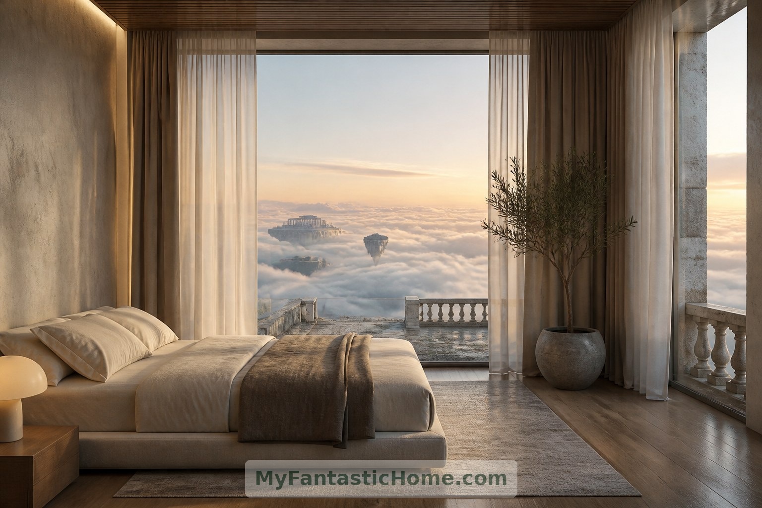 Des rideaux superposés et un sol aux tons chauds adoucissent une chambre fictive ouverte sur les variations du ciel.