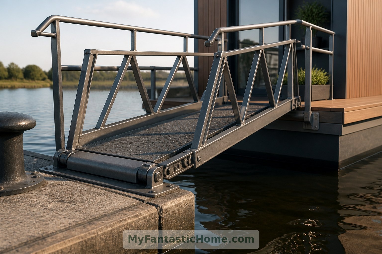 Cette passerelle articulée imaginaire souligne l’importance de concevoir un accès adapté aux variations du niveau de l’eau.