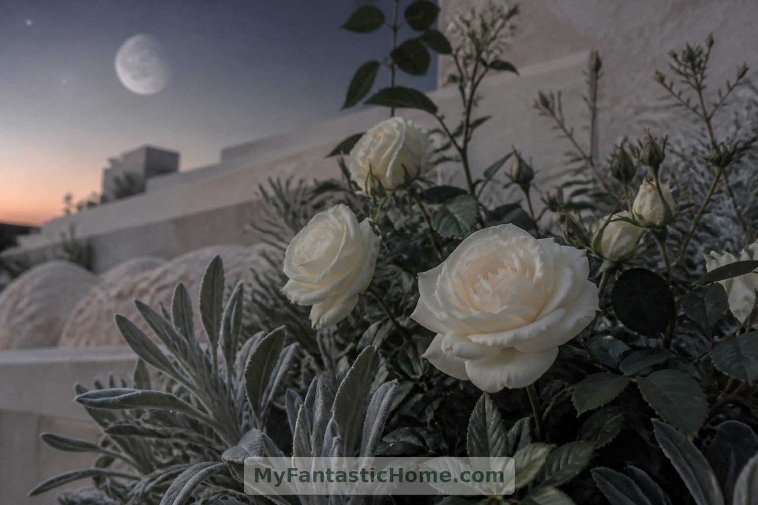 Les fleurs crème et les feuillages argentés contrastent doucement avec les feuilles plus sombres à mesure que le jour décline.