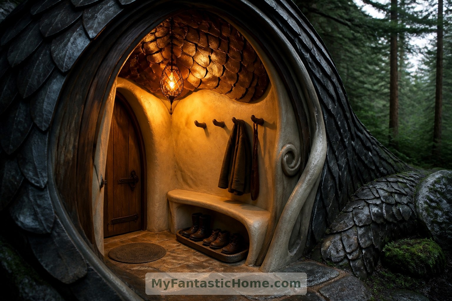 Une porte en chêne, un banc en pierre calcaire et un éclairage chaleureux donnent au vestibule imaginé une échelle domestique familière.