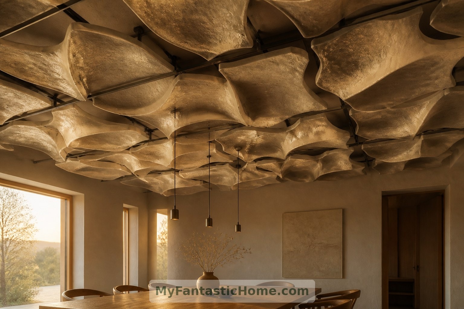 Un plafond sculpté imaginé à titre prospectif illustre un potentiel de conception, sans constituer une preuve de sécurité incendie ni d’approbation réglementaire.
