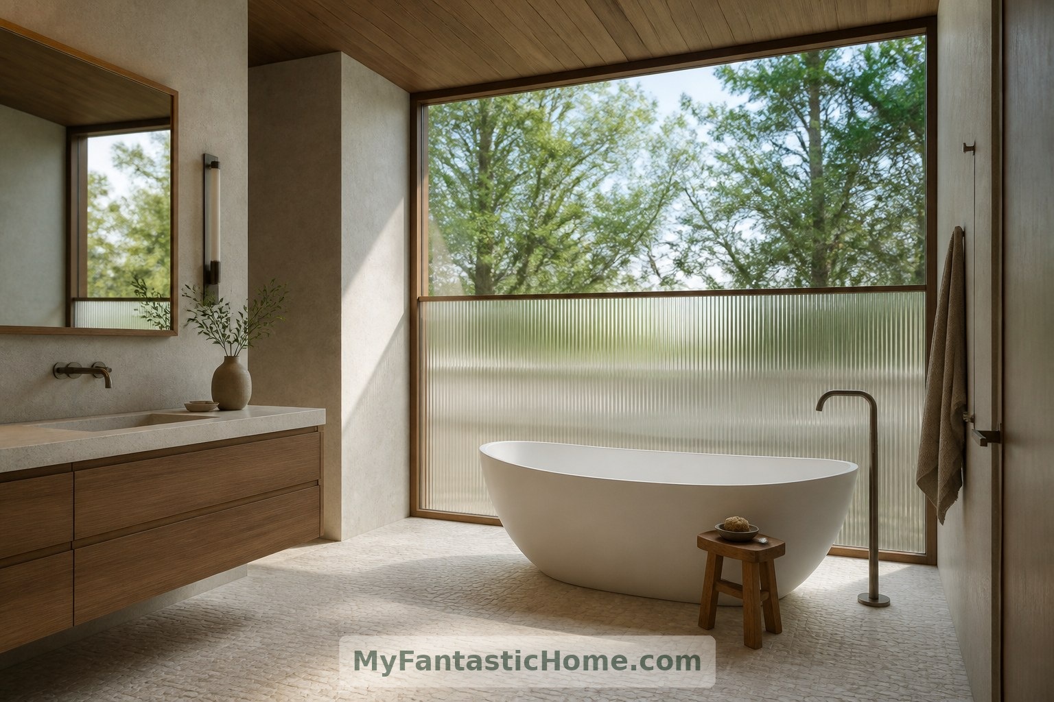 Dans ce projet conceptuel, le vitrage translucide en partie basse laisse entrer la lumière naturelle dans la salle de bains tout en faisant écran aux regards directs.
