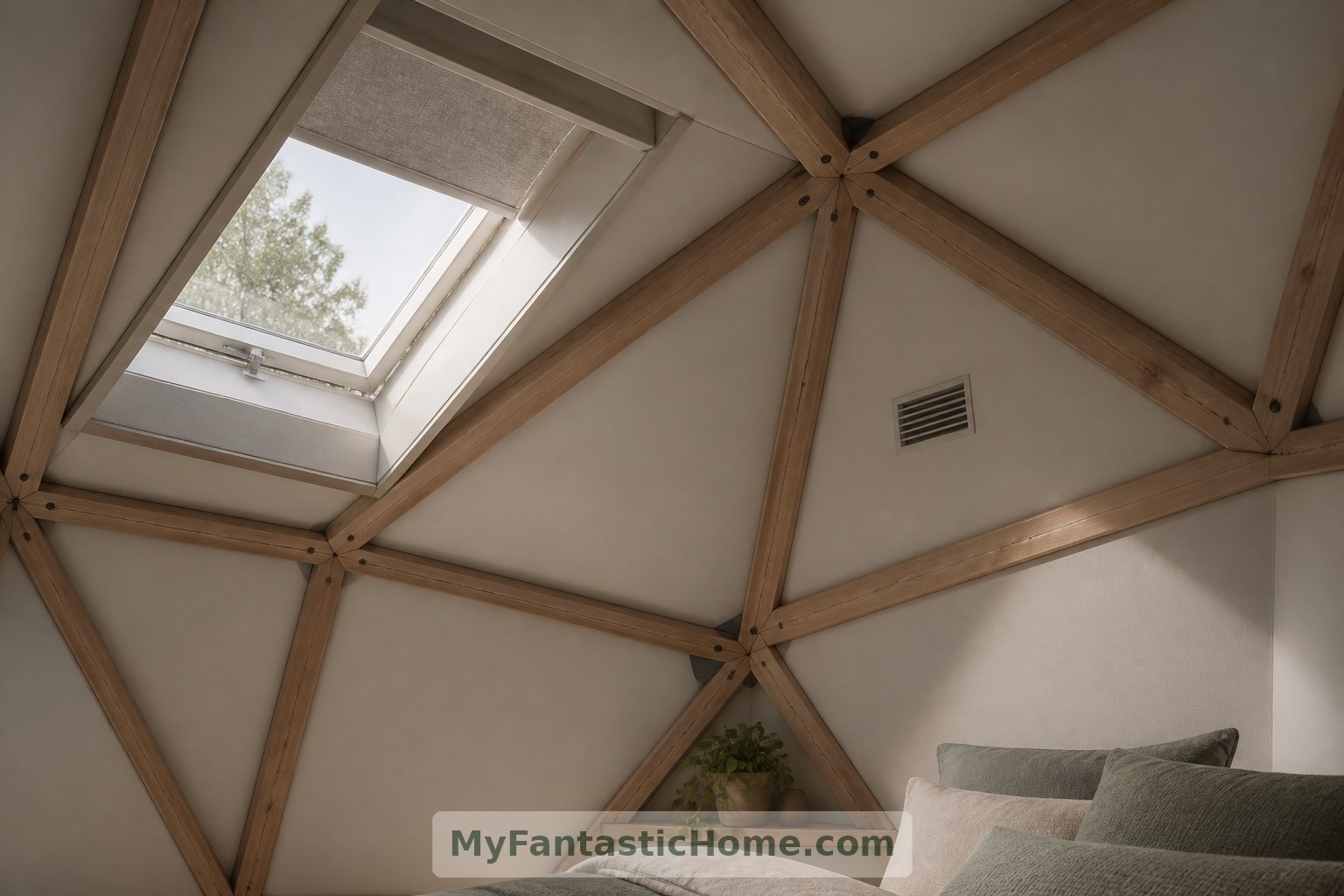Ce détail intérieur imaginé intègre la ventilation et la protection solaire à l’enveloppe de toiture finie ; les performances réelles nécessitent une conception professionnelle.