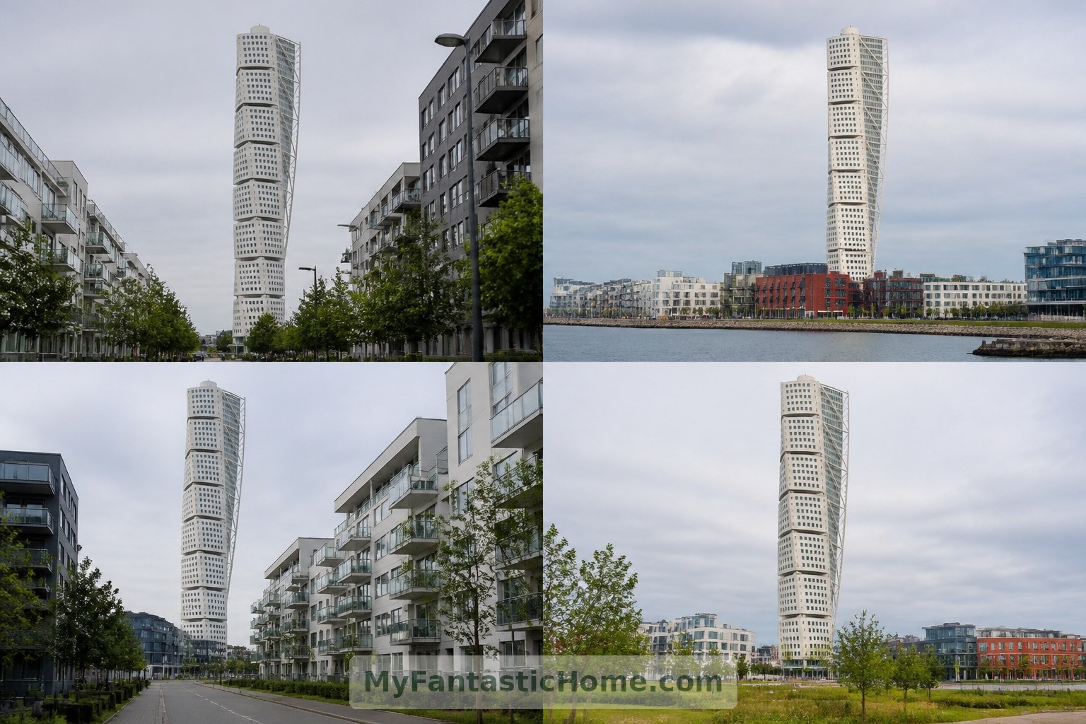 Bâtiment réel : Turning Torso s’élève au-dessus du quartier du Port de l’Ouest de Malmö, avec ses volumes superposés en rotation.