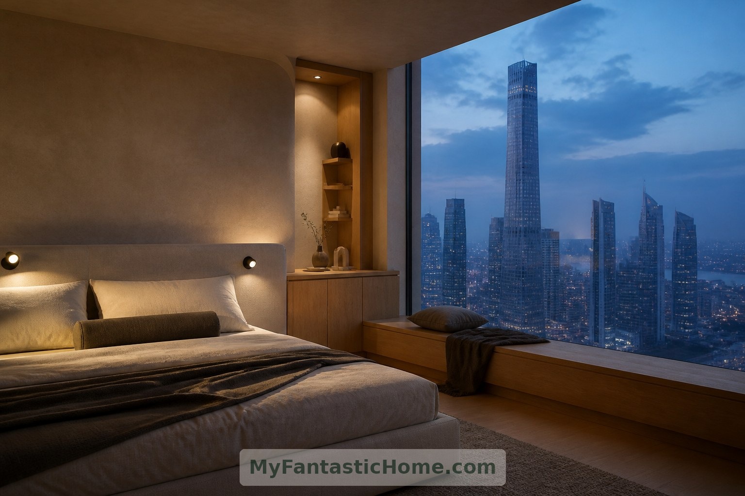 Intérieur imaginaire : une chambre paisible équilibre de vastes vues avec des matériaux chaleureux et un éclairage intime.