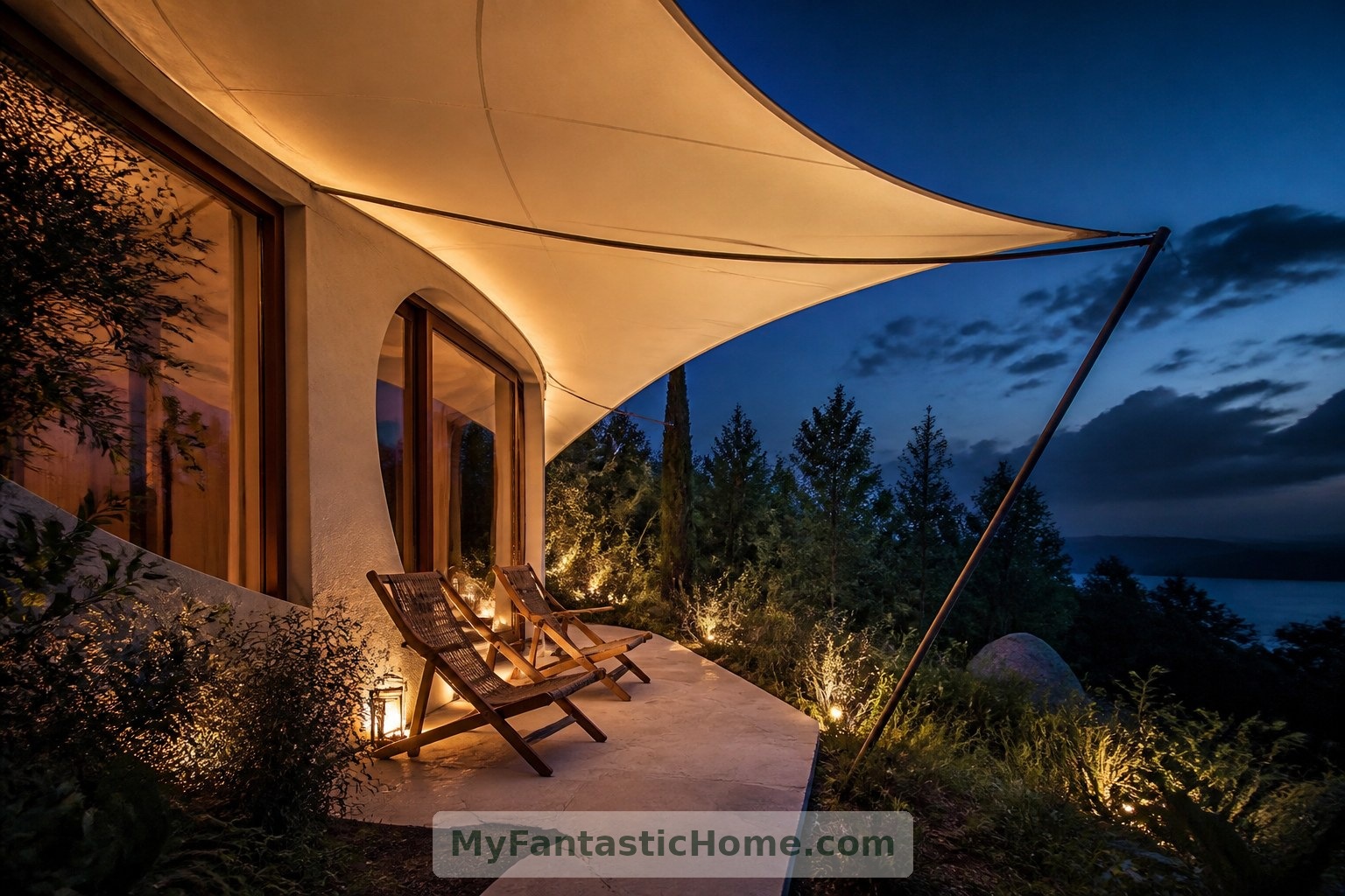Deux chaises sous l’ample couverture de toile de cette maison fictive composent un cadre simple pour profiter du jardin en soirée.