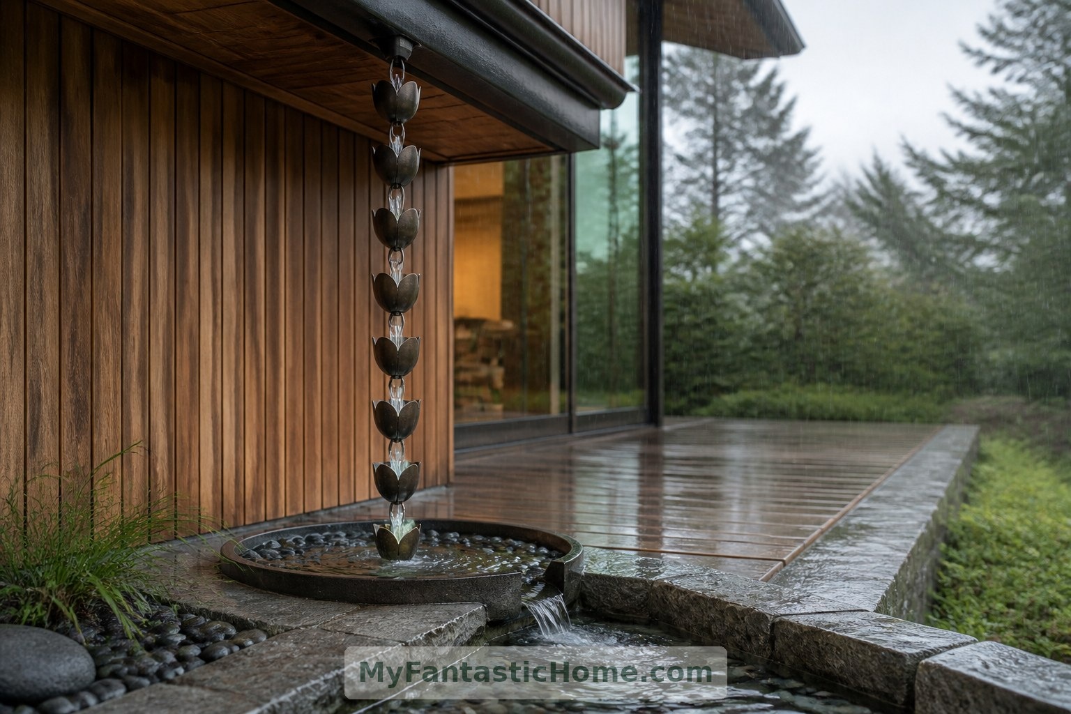 Une chaîne de pluie rend visible l’écoulement de l’eau depuis le toit, avec une zone d’éclaboussures délimitée et un parcours d’évacuation en aval.