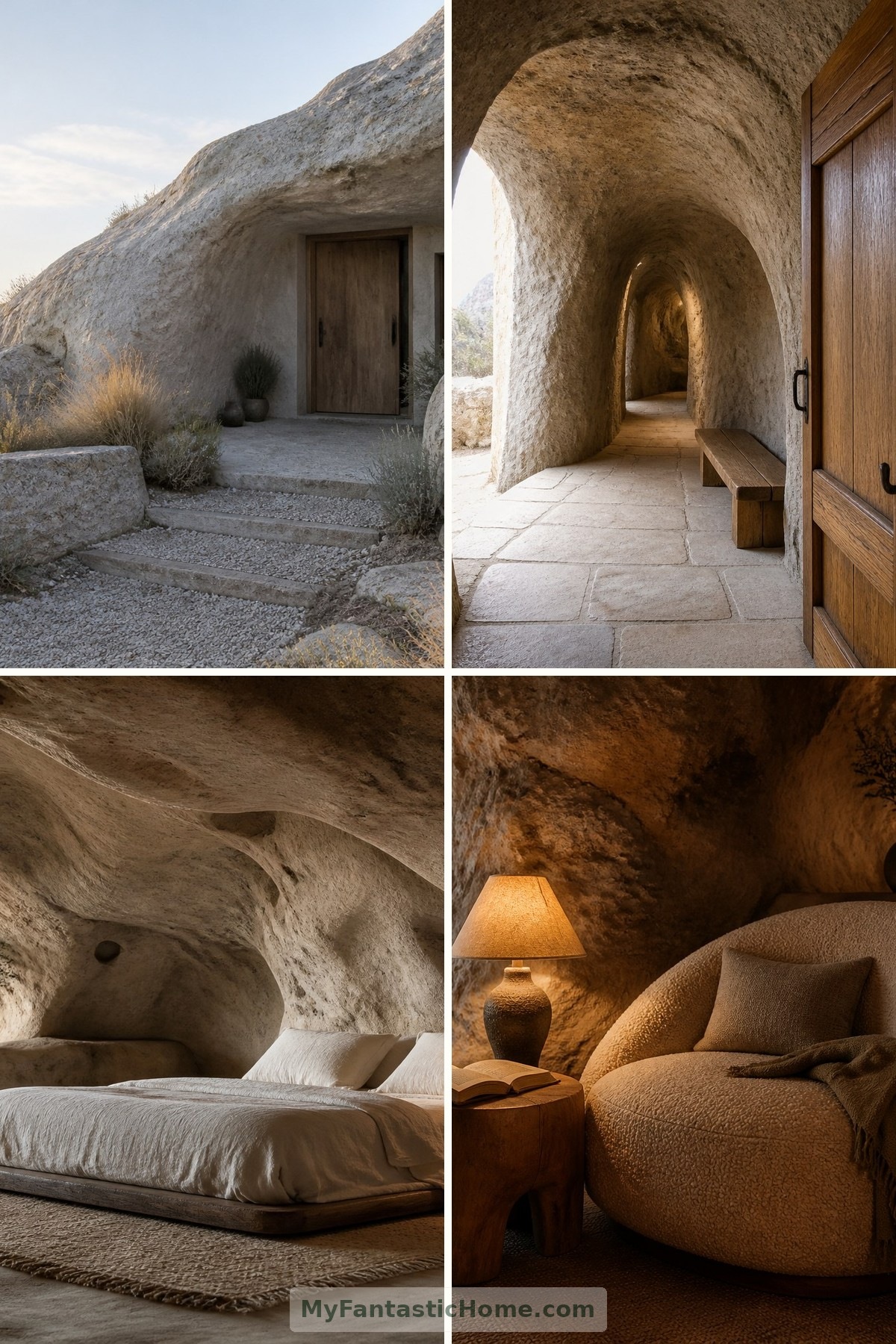 Hôtels troglodytiques : des suites extraordinaires au cœur de la roche ancienne — couverture composée de quatre images