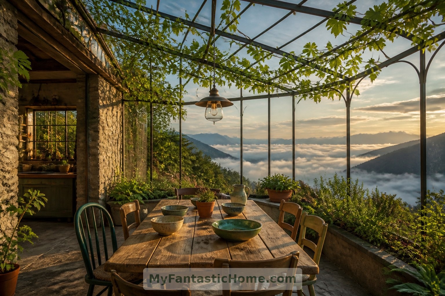 Un espace repas en forme de serre apporte des herbes aromatiques, des repas partagés et une douce lumière d’après-midi dans la maison imaginaire.