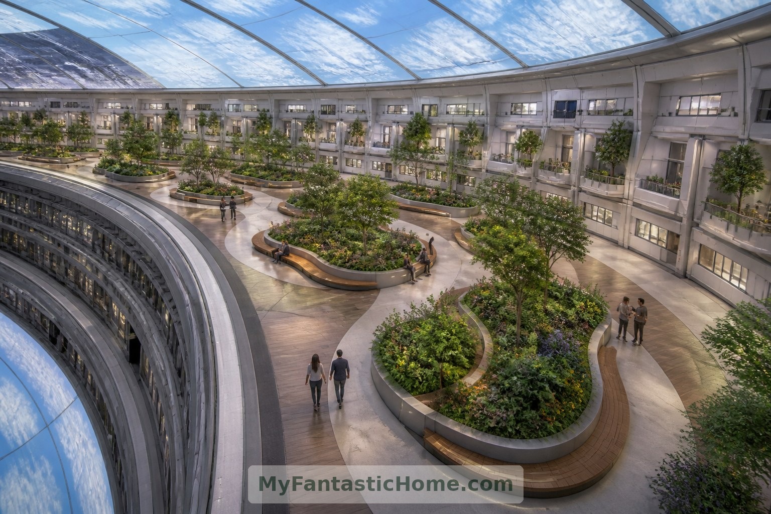 Une cour partagée offre un espace pour les plantations et la conversation sous un ciel explicitement artificiel.
