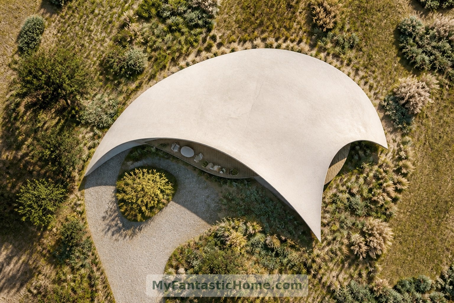 Une vue de dessus du concept révèle comment s’articulent le toit, le chemin d’accès et le cadre planté.