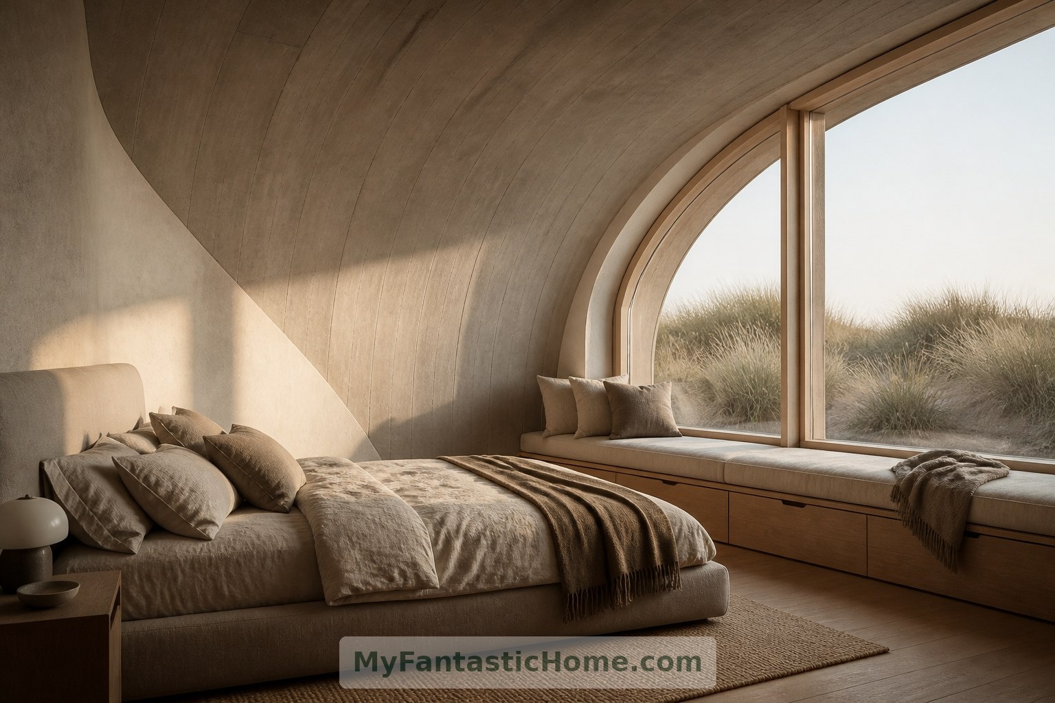 Une banquette de fenêtre tire parti de la partie basse du toit dans la chambre de ce concept, offrant des rangements et un coin lecture paisible.