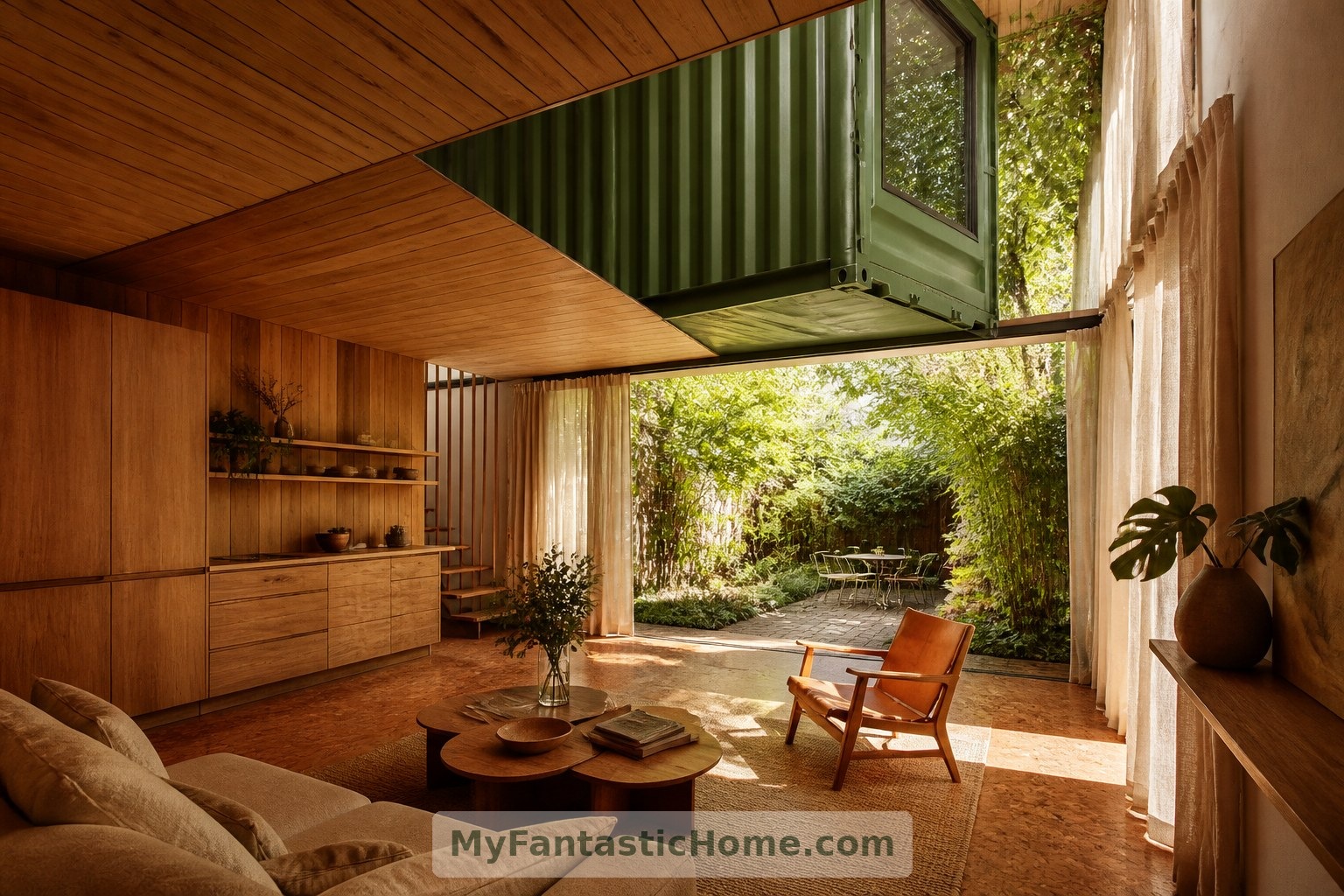 Maison imaginaire avec jardin : le chêne, le liège et le lin réchauffent un salon situé sous un volume d’acier en saillie.