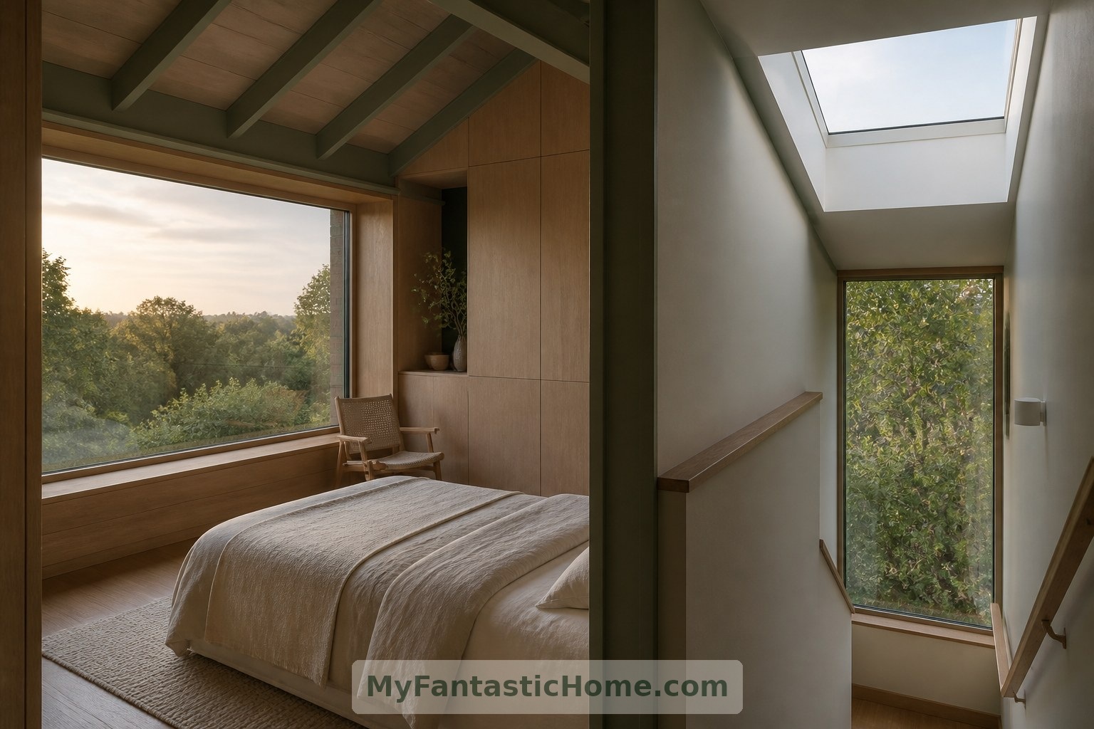 Refuge imaginaire à l’étage : une fenêtre en profondeur dans la chambre et un escalier éclairé par une fenêtre de toit font entrer la lumière dans le plan compact.