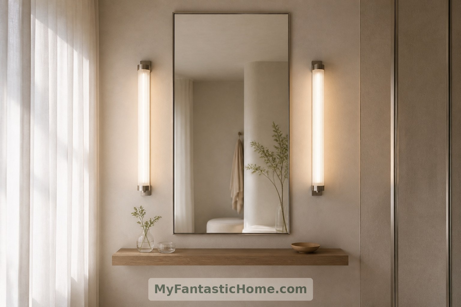 Des luminaires à lumière diffuse de part et d’autre du miroir aident à atténuer les ombres sur le visage, en complément de la lumière du jour tamisée.