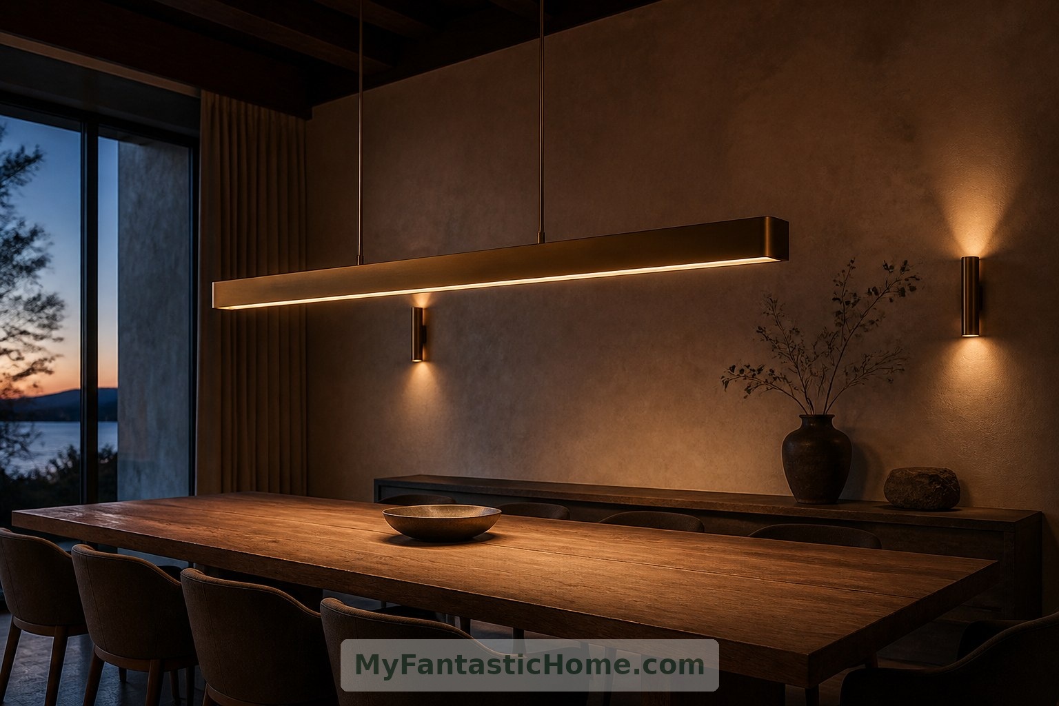 Une suspension linéaire éclaire toute la longueur de la table, tandis que des appliques diffusent une lumière douce dans le reste de la pièce.
