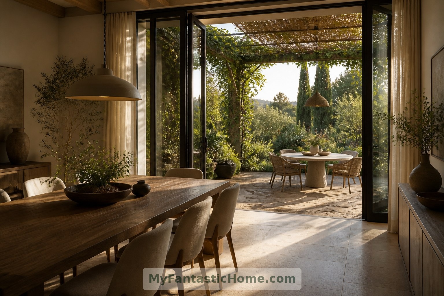 Cette terrasse imaginaire prolonge la perspective depuis la salle à manger et offre un cadre distinct pour les repas en petit comité.