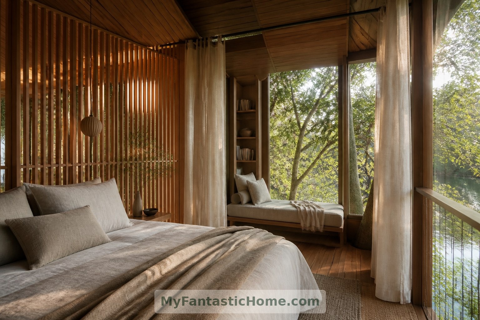 Schermature in legno e una nicchia per la lettura creano un’atmosfera più raccolta nella camera da letto di fantasia.