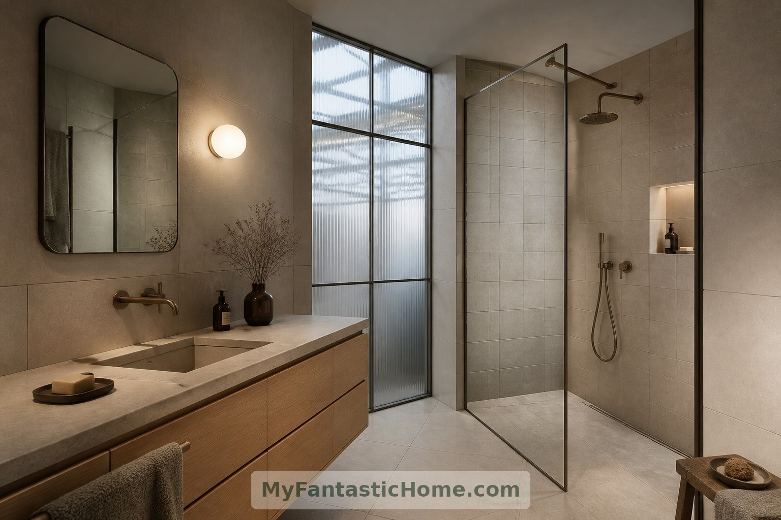 Nel bagno concettuale, la luce proveniente da un ambiente adiacente e le finiture tattili creano uno scenario tranquillo per i rituali quotidiani.