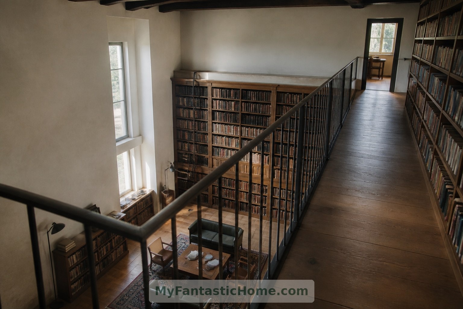 Una galleria superiore immaginaria apre la vista sulla biblioteca e si collega a uno studio tranquillo.