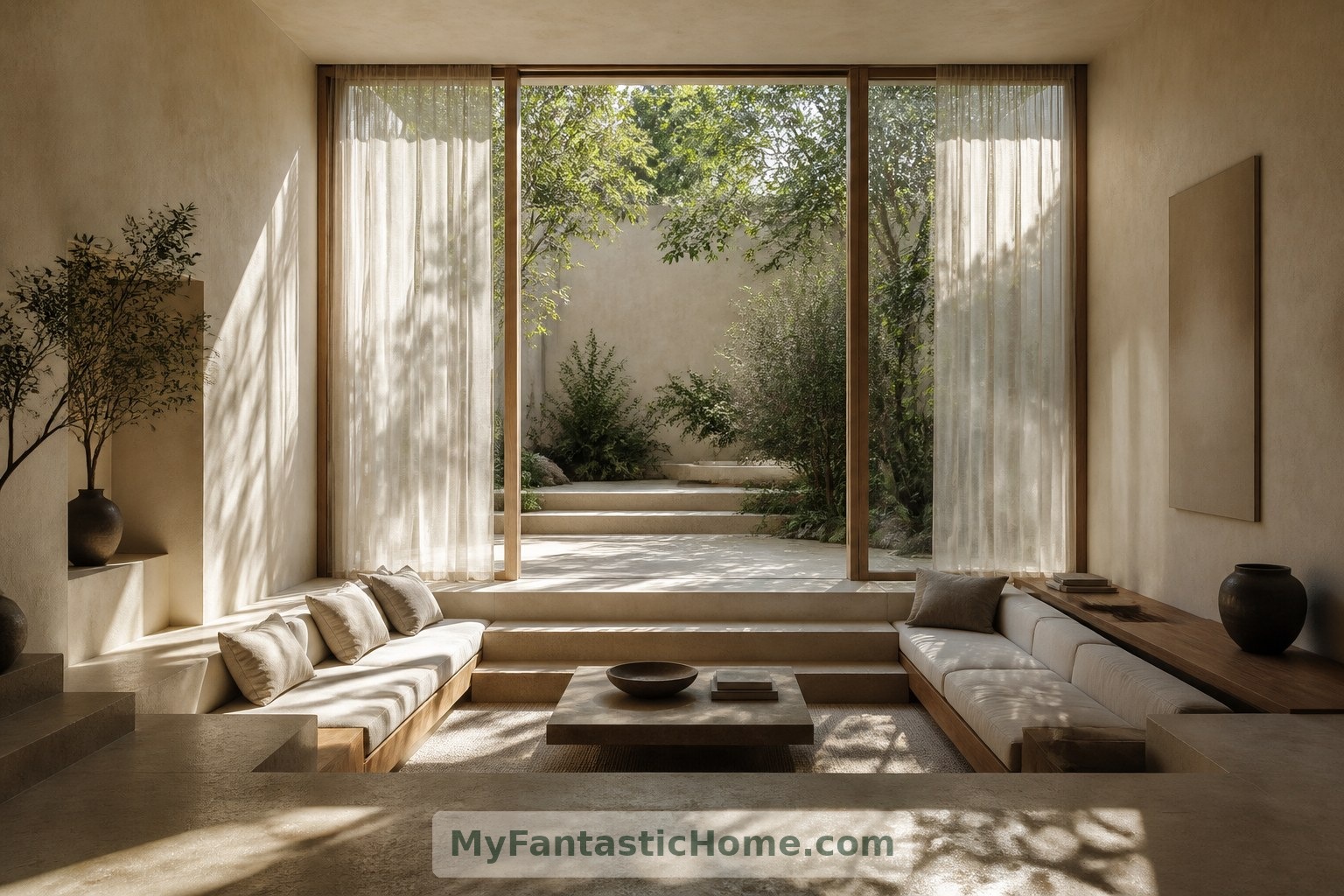 In questo ambiente immaginario affacciato sul cortile, vetrate e tende di lino portano una luce naturale attenuata nella zona delle sedute ribassata.