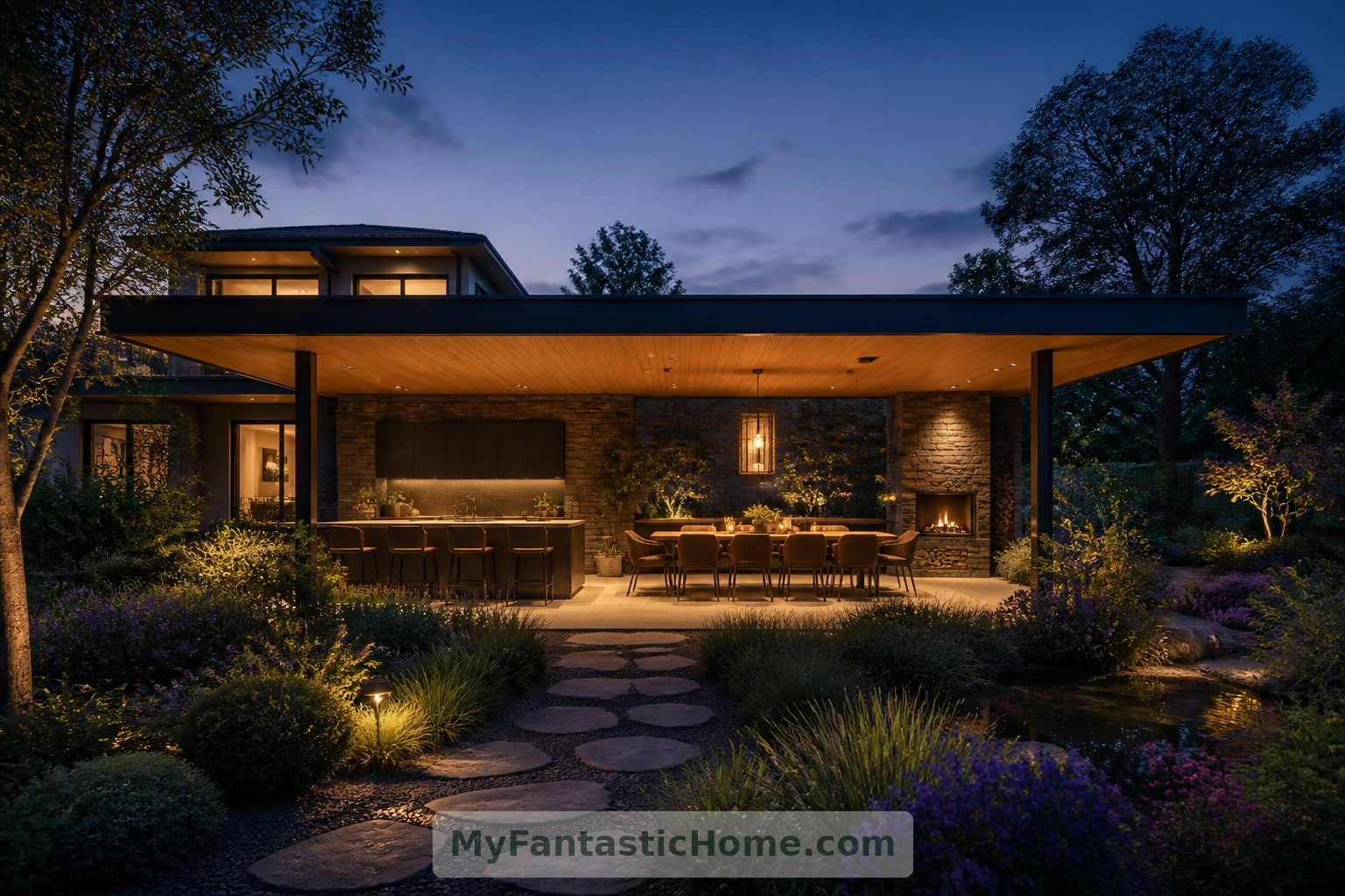 Vista dal giardino, la cucina immaginaria diventa un luminoso luogo d'incontro tra casa e paesaggio.