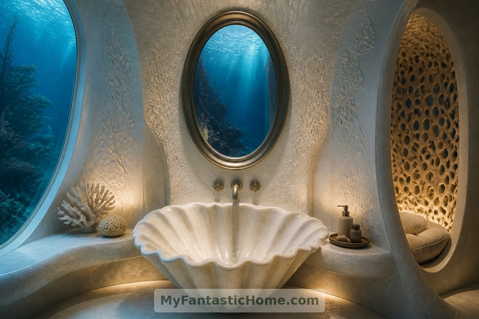 La sala da bagno reinterpreta le comodità del bagno come un tranquillo spazio sottomarino dedicato alla cura personale e alla riservatezza.