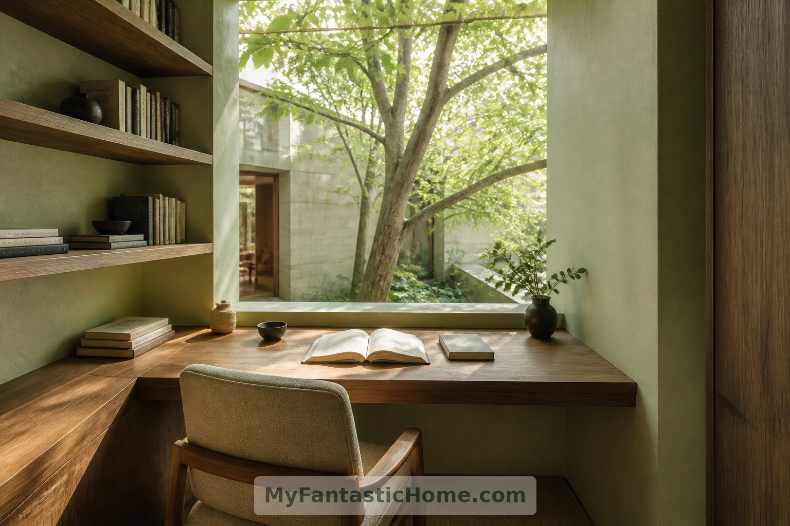 Una scrivania rivolta verso il cortile fa percepire lo studio immaginario in continuità con il giardino oltre la vetrata.