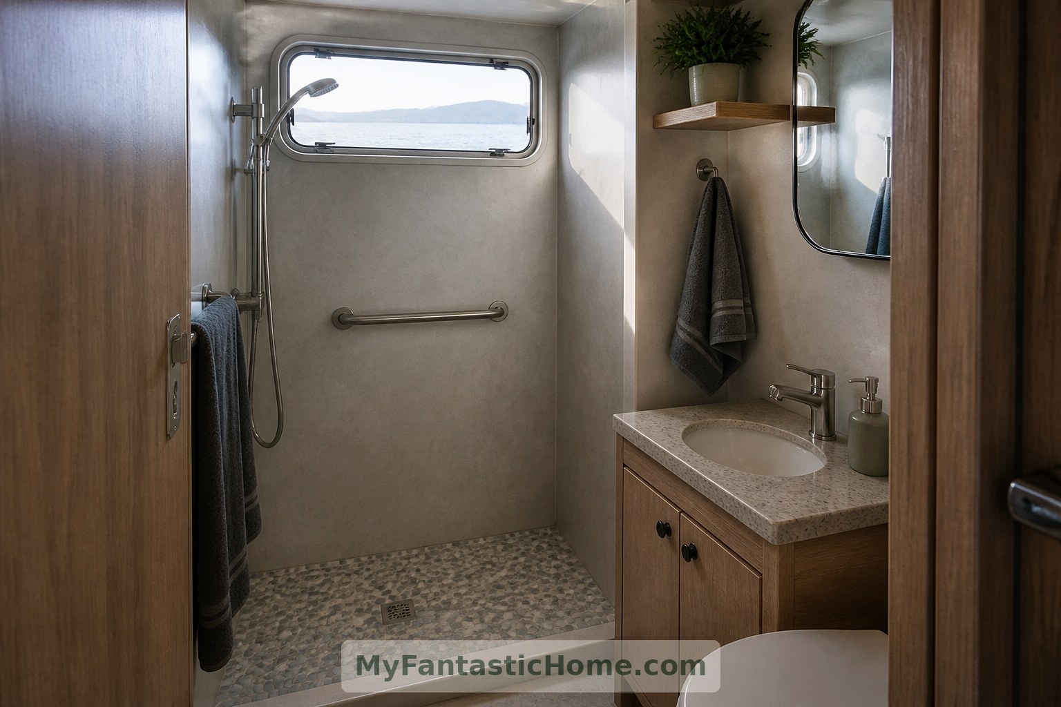 Un pavimento con superficie strutturata, un maniglione di sostegno e finiture semplici orientano il progetto pratico di questo bagno immaginato.