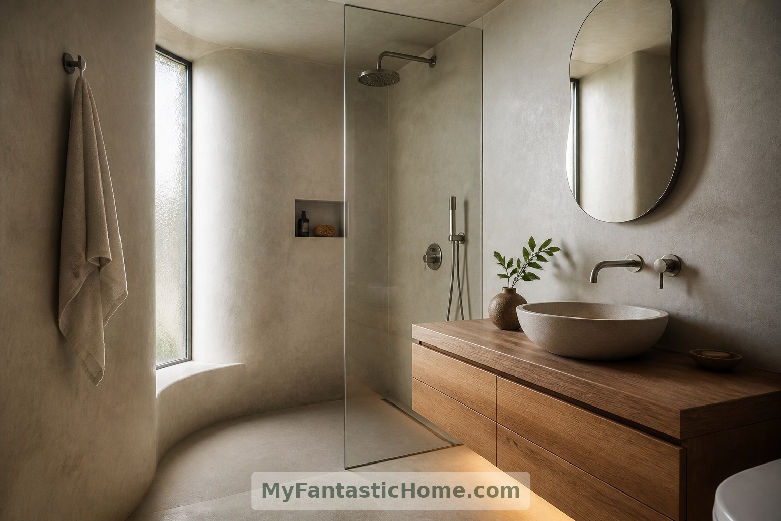 Una finestra alta, una parete doccia curva e un mobile lavabo in legno definiscono il bagno della torre immaginaria.