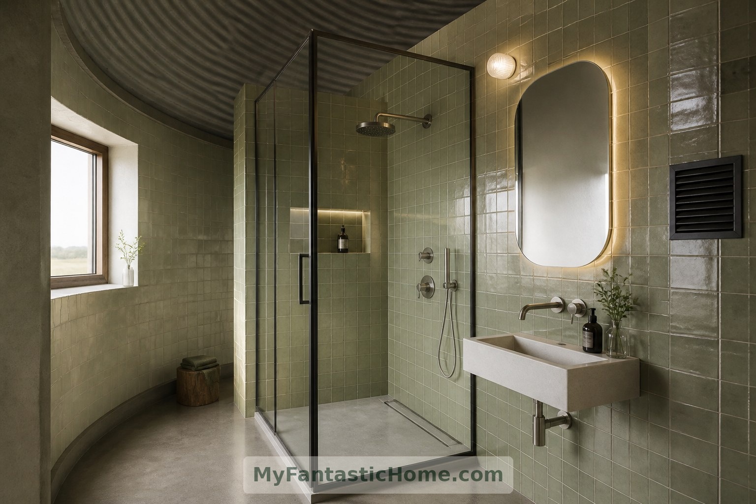 Bagno immaginato: un box doccia rettangolare semplifica la distribuzione all’interno dell’involucro non convenzionale.