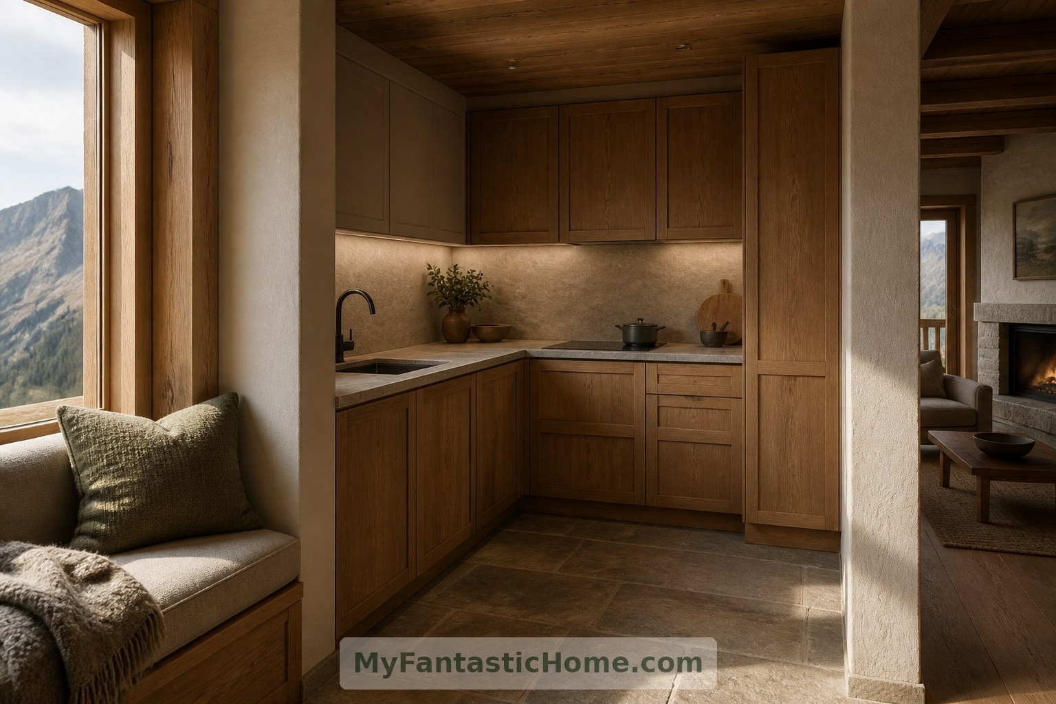 Mobili chiusi e un piano di lavoro continuo mantengono visivamente ordinata la cucina di fantasia.