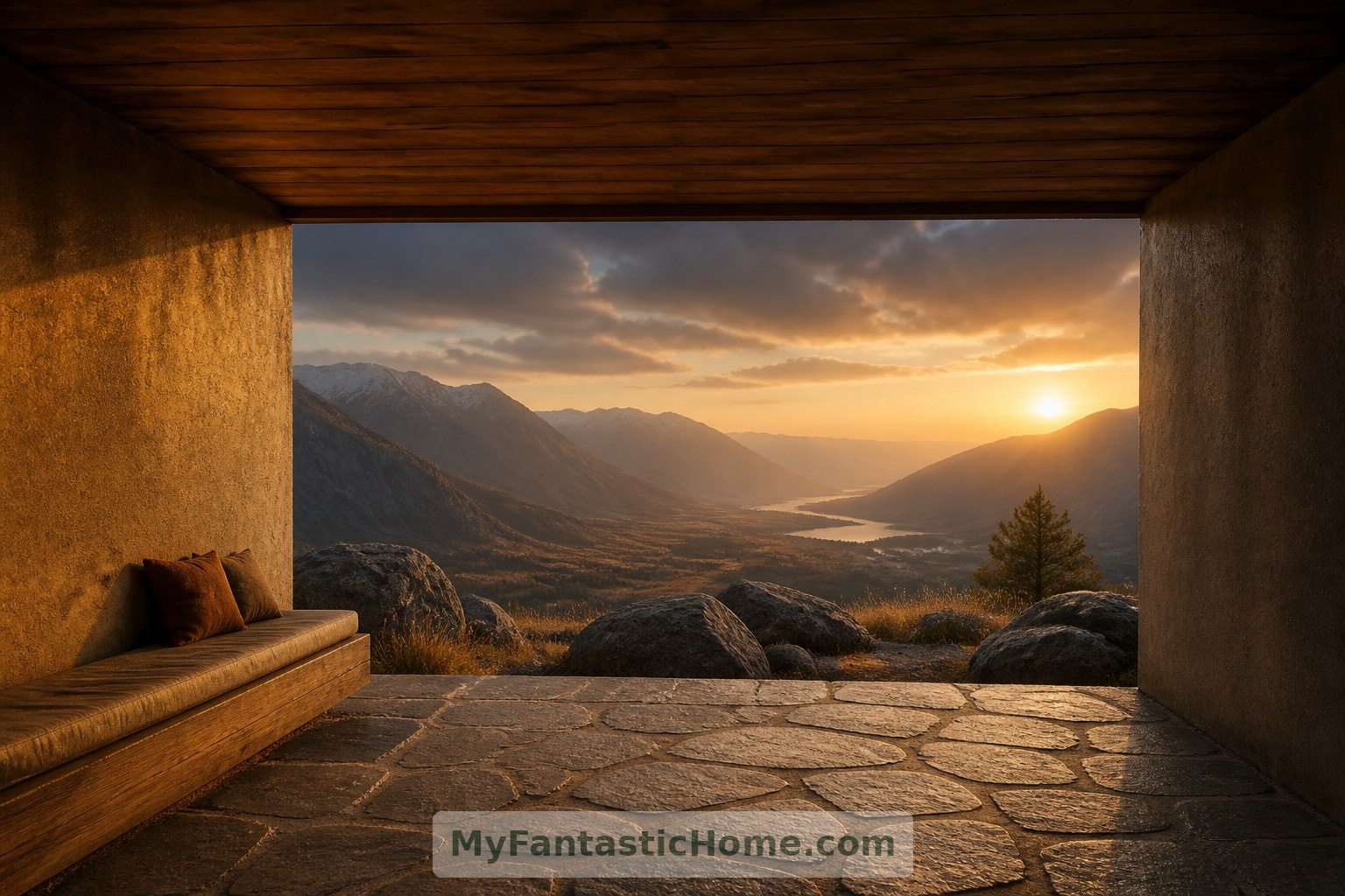 La terrazza coperta immaginaria incornicia la valle da una seduta integrata e riparata.