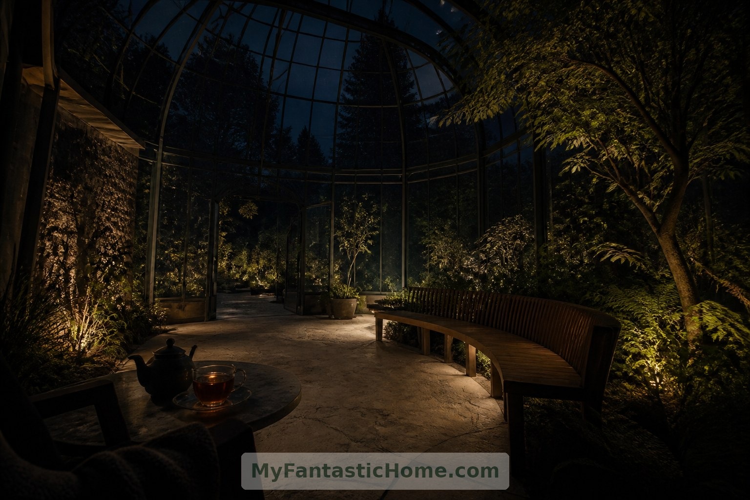 In questa casa immaginaria, il giardino d’inverno offre un luogo tranquillo per un tè dopo il tramonto, in equilibrio tra verde e comfort domestico.
