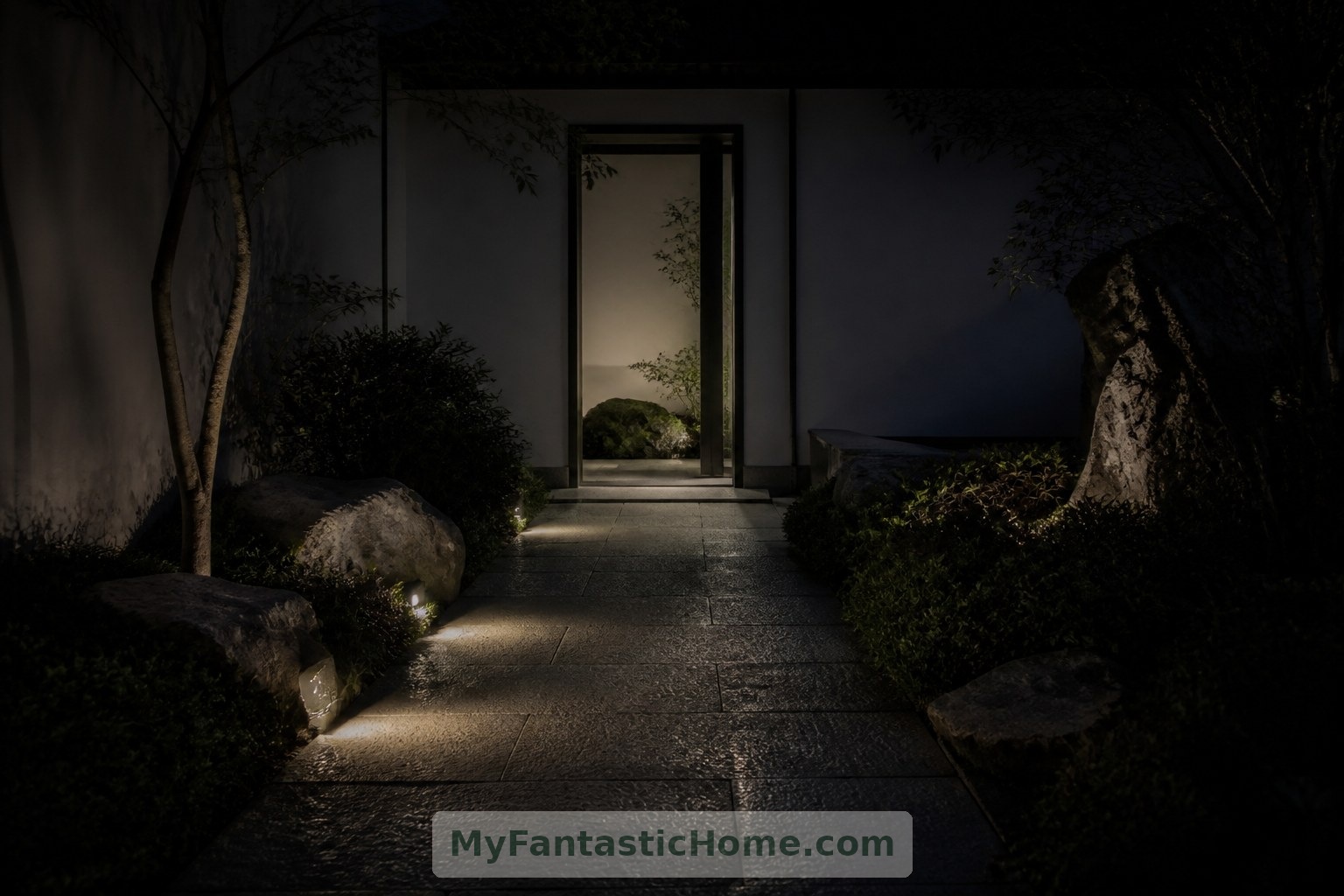 L’illuminazione schermata rende visibile il percorso per rientrare in casa, lasciando al buio la maggior parte del giardino.