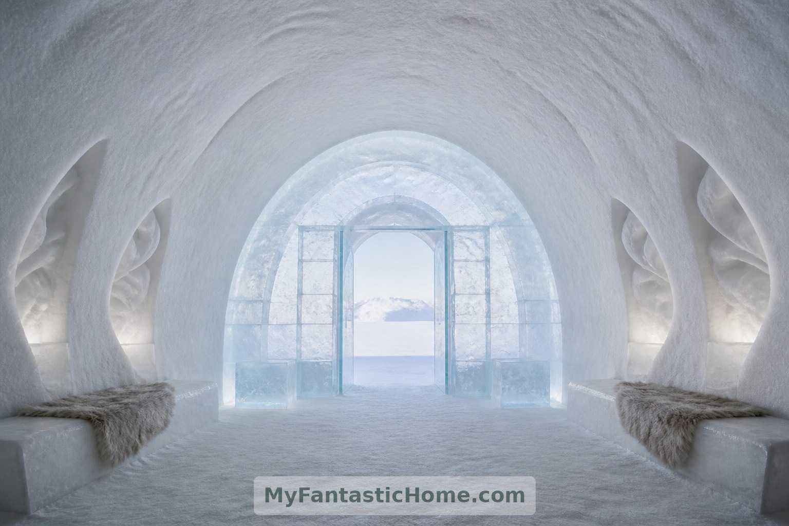 Atrio d’ingresso concettuale: superfici arrotondate e luce naturale diffusa conferiscono all’interno immaginario un carattere raccolto e silenzioso.