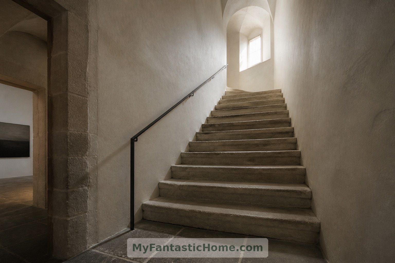 In questa scala immaginaria, un’illuminazione discreta e un semplice corrimano lasciano in primo piano la pietra consumata.