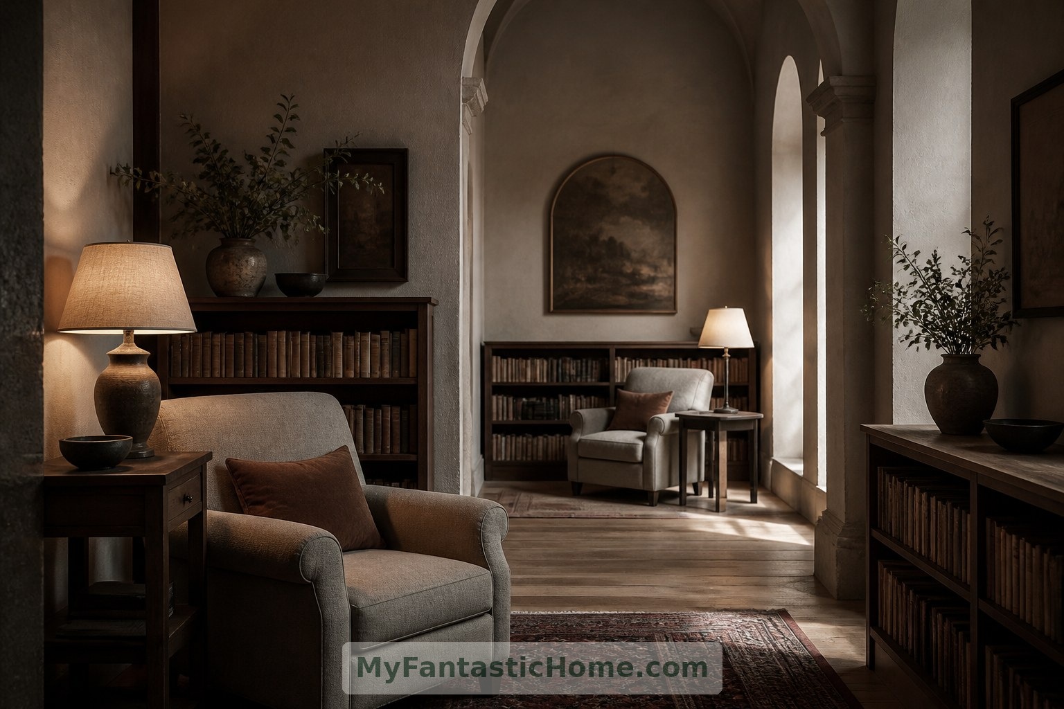 Questa sala lettura immaginaria offre luoghi sia per stare in compagnia in tranquillità sia per trascorrere del tempo da soli.