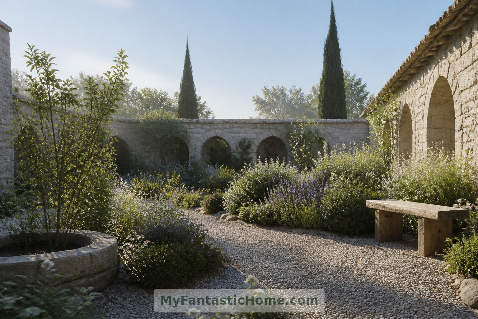 Un giardino recintato immaginario usa ghiaia, vegetazione e una panchina per creare una stanza all’aperto sotto il cielo.