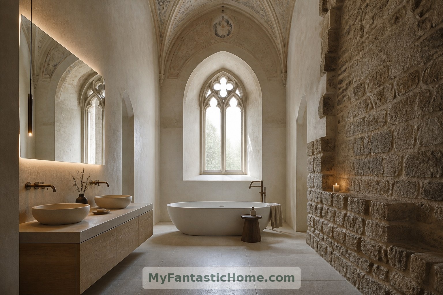 Questo bagno immaginario mantiene i suoi elementi contemporanei distinti dal contesto storico in pietra.