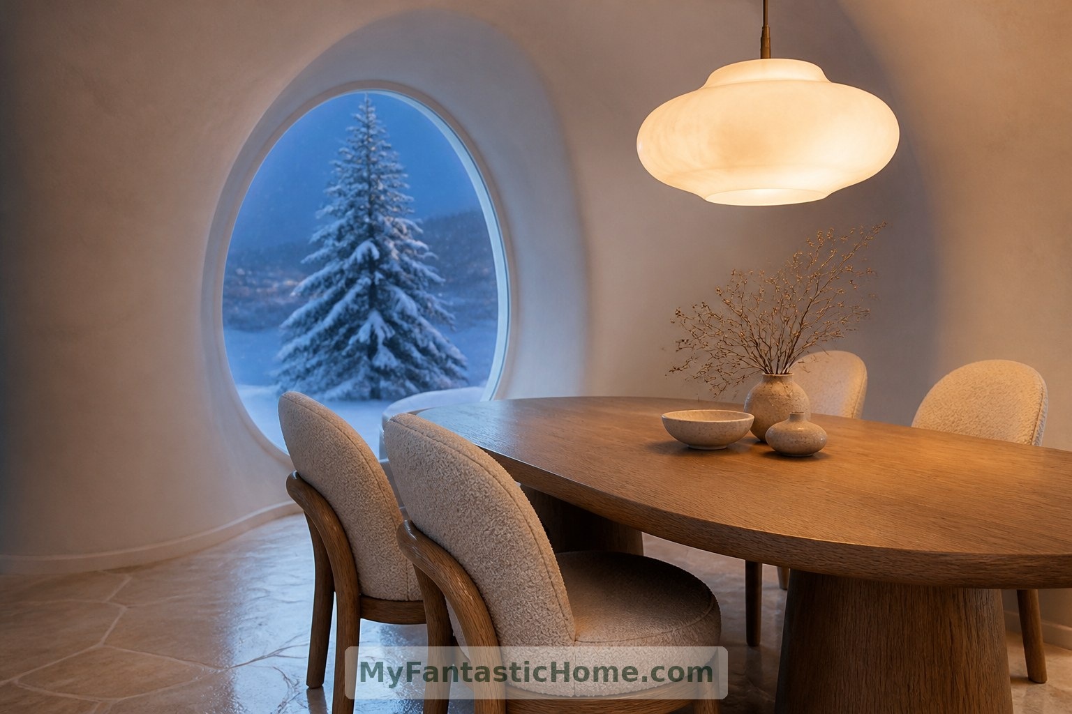 L'angolo pranzo incornicia un unico albero innevato, mantenendo semplice e intima la vista dalla piccola stanza.